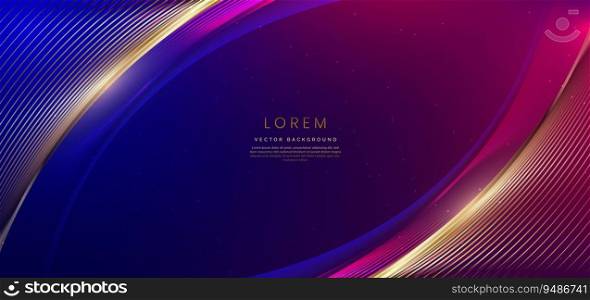 Abstract gold curved lines on dark blue and pink background with lighting effect and copy space for text. Luxury award design style. Vector illustration