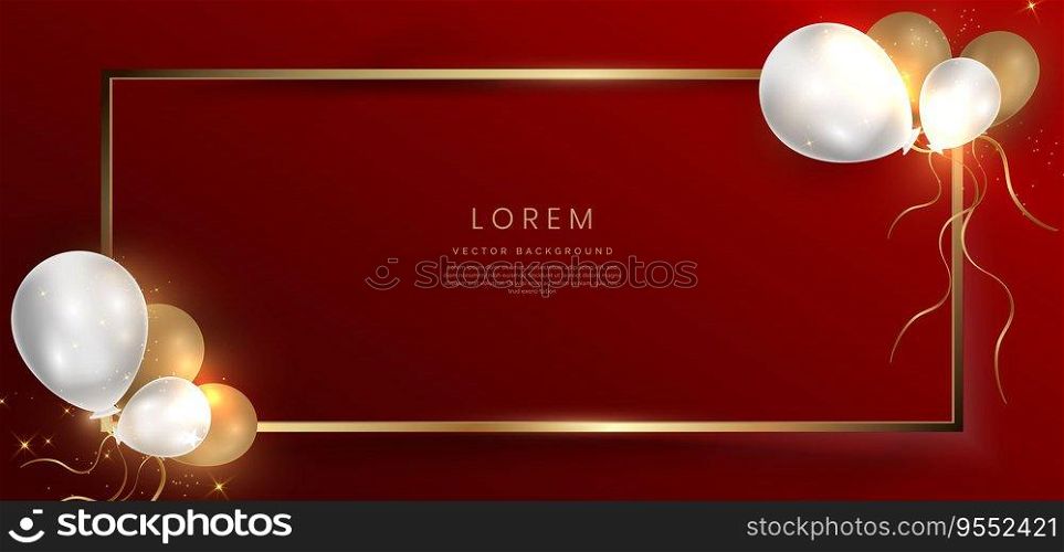 Abstract gold frame with ballon on red background with lighting effect and sparkle with copy space for text. Luxury frame design style. Vector illustration