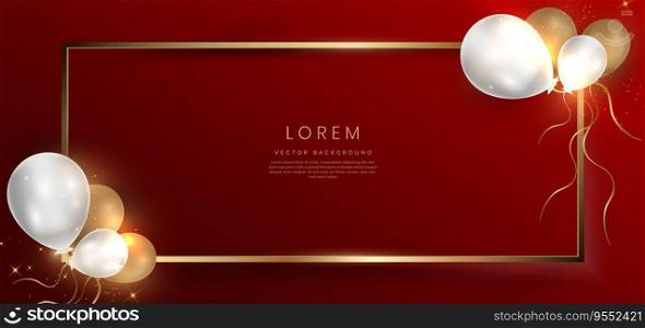 Abstract gold frame with ballon on red background with lighting effect and sparkle with copy space for text. Luxury frame design style. Vector illustration