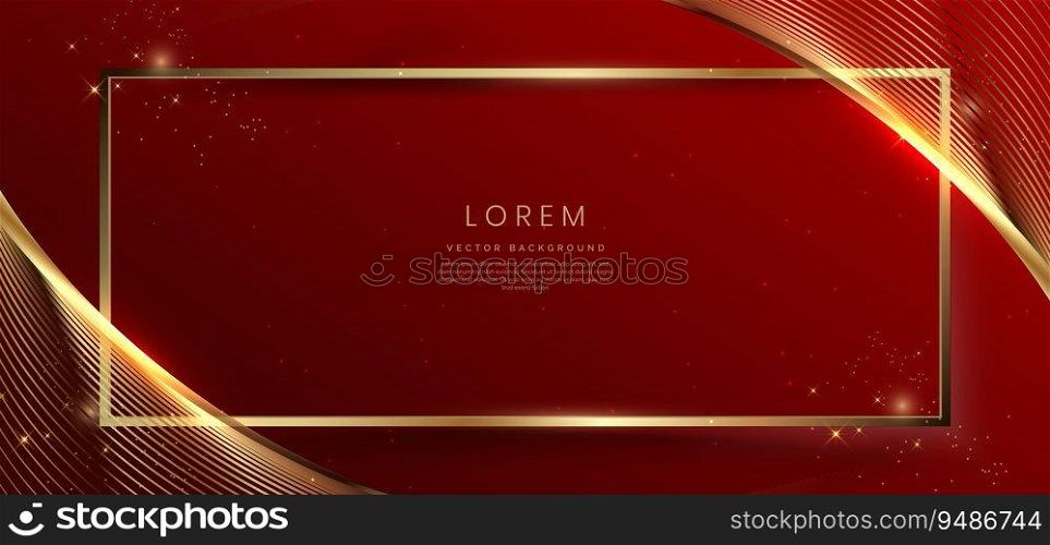 Abstract gold frame with curved lines on red background with lighting effect and sparkle with copy space for text. Luxury frame design style. Vector illustration