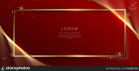 Abstract gold frame with curved lines on red background with lighting effect and sparkle with copy space for text. Luxury frame design style. Vector illustration