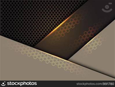 Abstract gold hexagon line light on brown with dark grey circle mesh pattern overlap design modern futuristic technology background texture vector illustration.