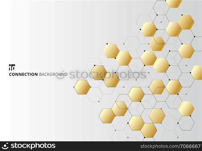 Abstract gold hexagons with nodes digital geometric with black lines and dots on white background. Technology connection concept. Vector illustration