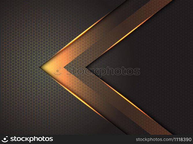Abstract gold light arrow direction on dark grey hexagon mesh design modern luxury futuristic background vector illustration.