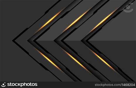 Abstract gold light black line cyber arrow direction on dark grey metallic design modern futuristic technology background vector illustration.