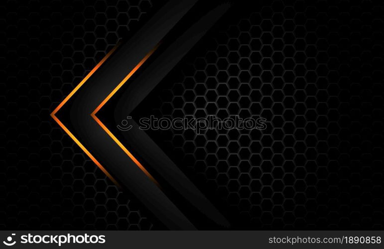 Abstract gold light grey arrow direction overlap on dark metallic hexagon mesh pattern design modern luxury futuristic background vector illustration.