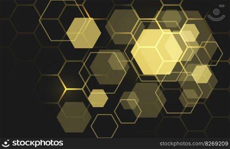 Abstract gold light hexagon mesh geometric on black shadow design modern futuristic background vector 