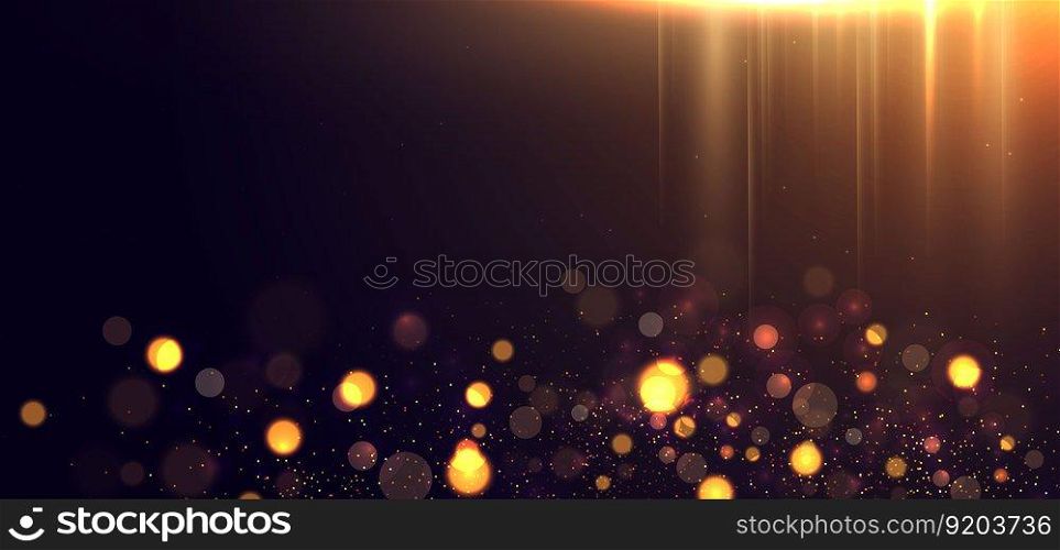 Abstract gold light rays effect and colorful bokeh background with copy space for text. Vector illustration