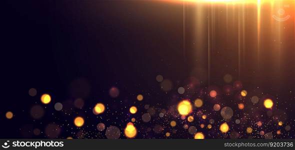 Abstract gold light rays effect and colorful bokeh background with copy space for text. Vector illustration