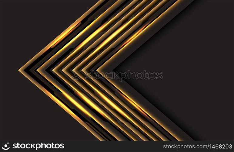 Abstract gold line light cyber arrow direction on dark grey with blank space design modern futuristic luxury technology background vector illustration.