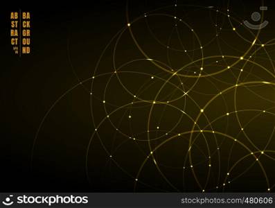 Abstract gold neon circles with light overlapping on black background. Vector illustration