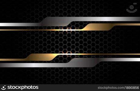 Abstract gold silver geometric line banner overlap on dark metallic hexagon mesh pattern design modern luxury futuristic background vector illustration.