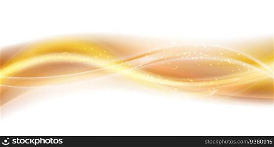 Abstract gold smoke wave backround. Stylized motion wavy illustration. Soft yellow silky lines created using blend tool on white backdrop. Curved smooth stripes. Design template for banner or flyer. Abstract gold smoke wave backround. Stylized motion wavy illustration