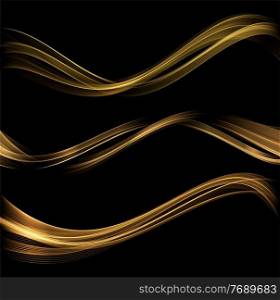 Abstract Gold smoke Waves. Shiny golden moving lines design element with glitter effect on dark background for gift, greeting card and disqount voucher. Awarding background. Abstract Gold Waves. Shiny golden moving lines design element with glitter effect on dark background for greeting card and disqount voucher.
