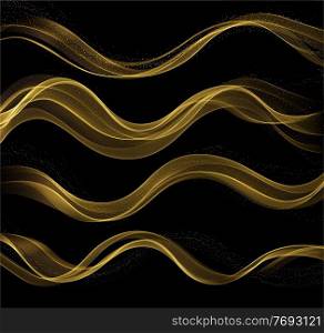 Abstract Gold smoke Waves. Shiny golden moving lines design element with glitter effect on dark background. Vector Illustration for gift, greeting card and disqount voucher.. Abstract Gold Waves. Shiny golden moving lines design element with glitter effect on dark background for greeting card and disqount voucher.