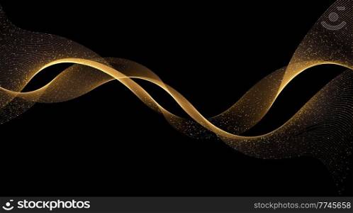 Abstract Gold smoke Waves. Shiny golden moving lines design element with glitter effect on dark background for gift, greeting card and disqount voucher. Vector Illustration. Abstract Gold Waves. Shiny golden moving lines design element with glitter effect on dark background for greeting card and disqount voucher.