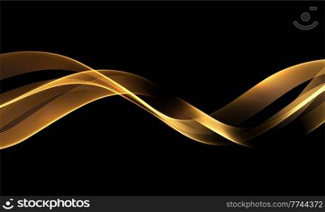 Abstract gold smoke Waves. Shiny moving lines design element on dark background for gift, greeting card and disqount voucher. Vector Illustration. Abstract Waves. Shiny moving lines design element on dark background for greeting card and disqount voucher.