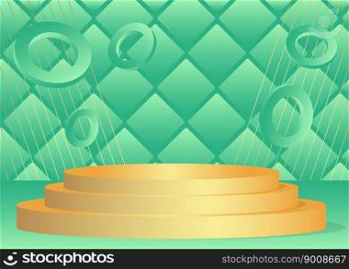 Abstract Gold Turquoise Mockup product vector 3D room. Realistic cylinder pedestal podium display, empty scene. Minimal stage showcase for presentation. Futuristic Sci-fi geometric forms.