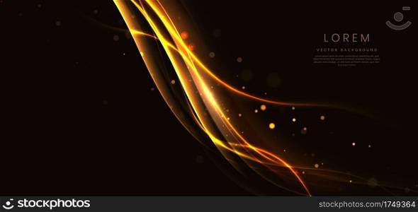 Abstract gold wave lines on black background with lighting effect bokeh and copy space for text. Luxury design style. Vector illustration