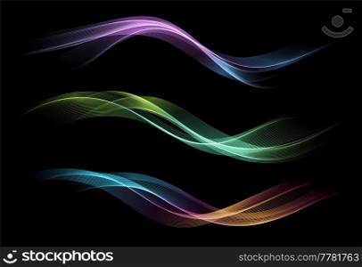 Abstract Gold Waves. Shiny color moving lines design element on dark background for gift, greeting card and disqount voucher. Vector Illustration. Abstract Gold Waves. Shiny moving lines design element on dark background for greeting card and disqount voucher.