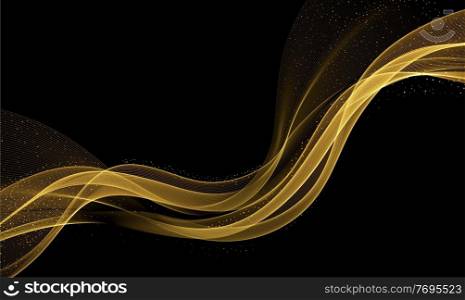Abstract Gold Waves. Shiny golden moving lines design element with glitter effect on dark background for gift, greeting card and disqount voucher. Vector Illustration. Abstract Gold Waves. Shiny golden moving lines design element with glitter effect on dark background for greeting card and disqount voucher.