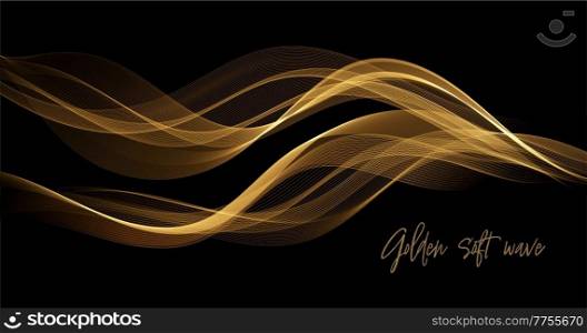 Abstract Gold Waves. Shiny golden moving lines design element with glitter effect on dark background for gift, greeting card and disqount voucher. Vector Illustration. Abstract Gold Waves. Shiny golden moving lines design element with glitter effect on dark background for greeting card and disqount voucher.