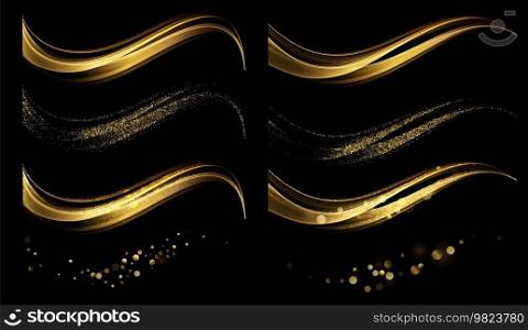Abstract Gold Waves. Shiny golden moving lines design element with glitter effect on black background for gift, greeting card and disqount voucher. Vector Illustration. Abstract Gold Light Waves. Shiny golden moving lines design element with glitter effect on dark background