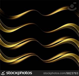 Abstract Gold Waves. Shiny golden moving lines design element with glitter effect on black background for gift, greeting card and disqount voucher. Vector Illustration. Abstract Gold Light Waves. Shiny golden moving lines design element with glitter effect on dark background