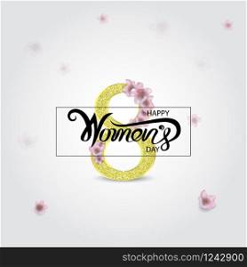 Abstract Golden and Pink Floral Greeting card.Golden number eight and glitter gold greeting on background.International Happy Women&rsquo;s Day.Trendy Design Template.Vector illustration.