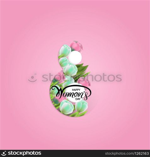 Abstract Golden and Pink Floral Greeting card.Golden number eight and glitter gold greeting on background.International Happy Women&rsquo;s Day.Trendy Design Template.Vector illustration.
