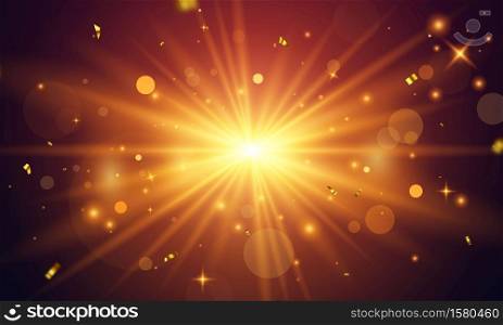 Abstract golden bright light. Gold shine burst isolated on transparent background. confetti gold celebration