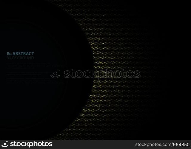 Abstract golden circle glitters pattern design with left circle dark background of copy space. Decorating in paper cut presentation, ad, poster, artwork. illustration vector eps10