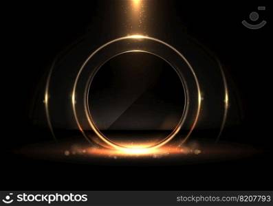 Abstract golden circles lighting flames effect sparkling with bokeh and gold glitter particles on black background luxury style. You can use for festive, carnival, christmas, award event, etc. Vector illustration