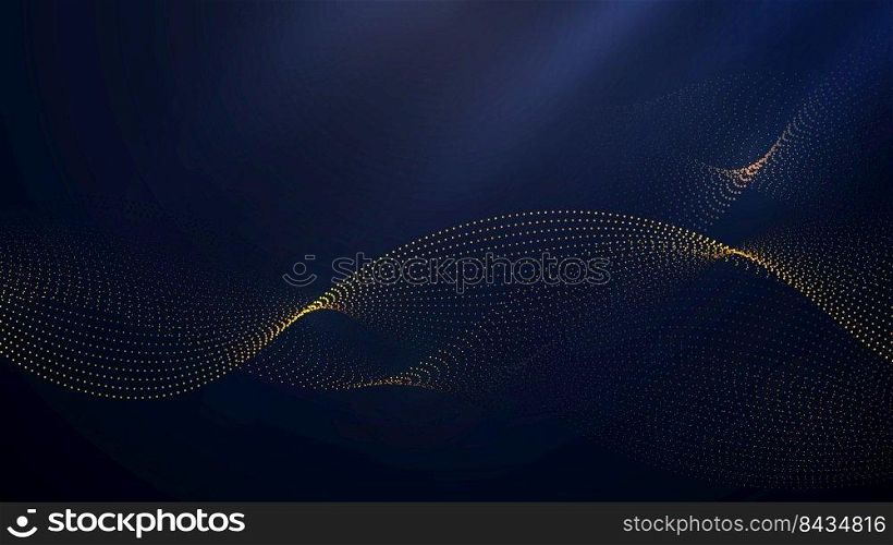 Abstract golden dots wave particles on dark blue background luxury style. Vector illustration