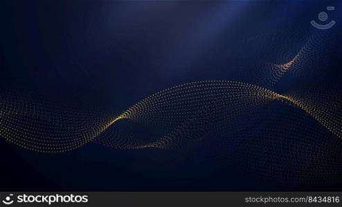 Abstract golden dots wave particles on dark blue background luxury style. Vector illustration
