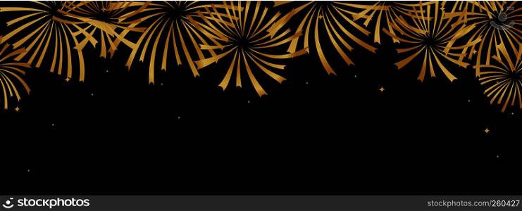 Abstract golden fireworks on black backgrpund/ Horisontal banner for any holiday design. Abstract fireworks