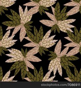 Abstract golden leaves seamless pattern on black background. Hand draw tropical wallpaper. Design for fabric, textile print, wrapping. Vector illustration. Abstract golden leaves seamless pattern on black background.