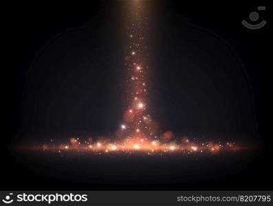 Abstract golden lighting effect sparkling with bokeh and gold glitter particles on black background. You can use for festive, carnival, christmas, award event, etc. Vector illustration