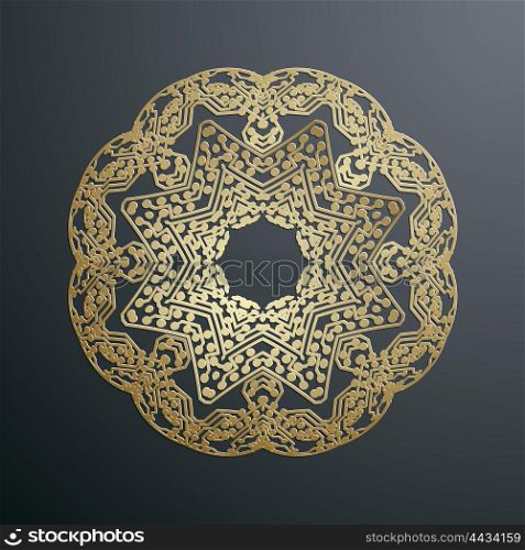 Abstract golden microchip pattern isolated on dark background, mandala template with connecting dots and lines, connection structure. Digital scientific vector.