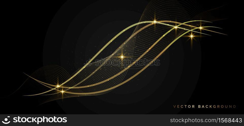 Abstract golden wave on dark background with light effect. Luxury concept. Vector illustration