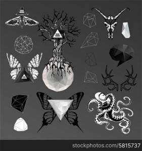 Abstract gothic sacral illustration with polygon, crystal design element, symbol, sign for tattoo