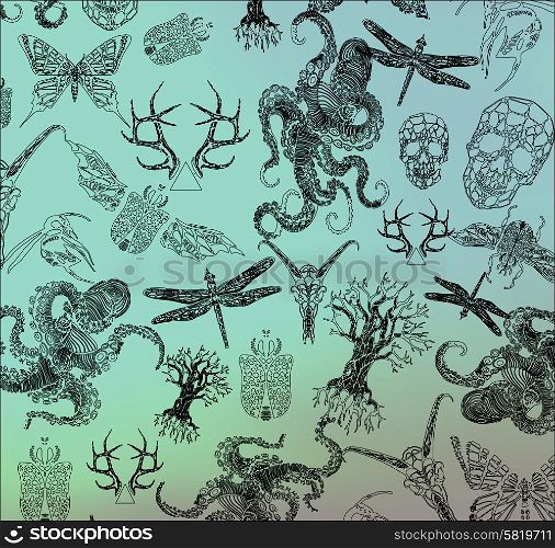 Abstract gothic thin line design elements, octopus, the crystal skull, dragonfly, antlers, beetle, tree, symbol, sign for tattoo