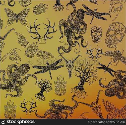Abstract gothic thin line design elements, octopus, the crystal skull, dragonfly, antlers, beetle, tree, symbol, sign for tattoo