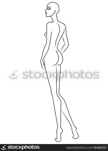 Abstract graceful and sensual woman with closed eyes, isolated on the white background, back view, hand drawing outline