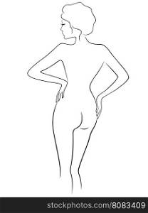 Abstract graceful female figure, view from the back, hand drawing vector outline