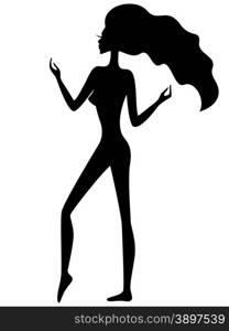 Abstract graceful girl with waving hair, black vector silhouette