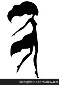 Abstract graceful girl with waving hair in motion, black vector silhouette