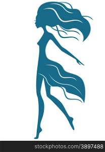 Abstract graceful girl with waving hair in motion, vector illustration in blue hue