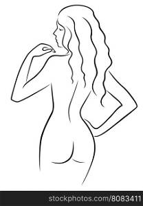 Abstract graceful hand gesticulating women with long locks, view from the back, hand drawing vector outline