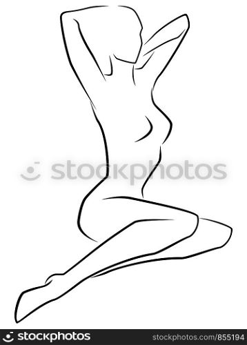 Abstract graceful lady sitting in beautiful pose, raising her hands behind her head, hand drawing outline
